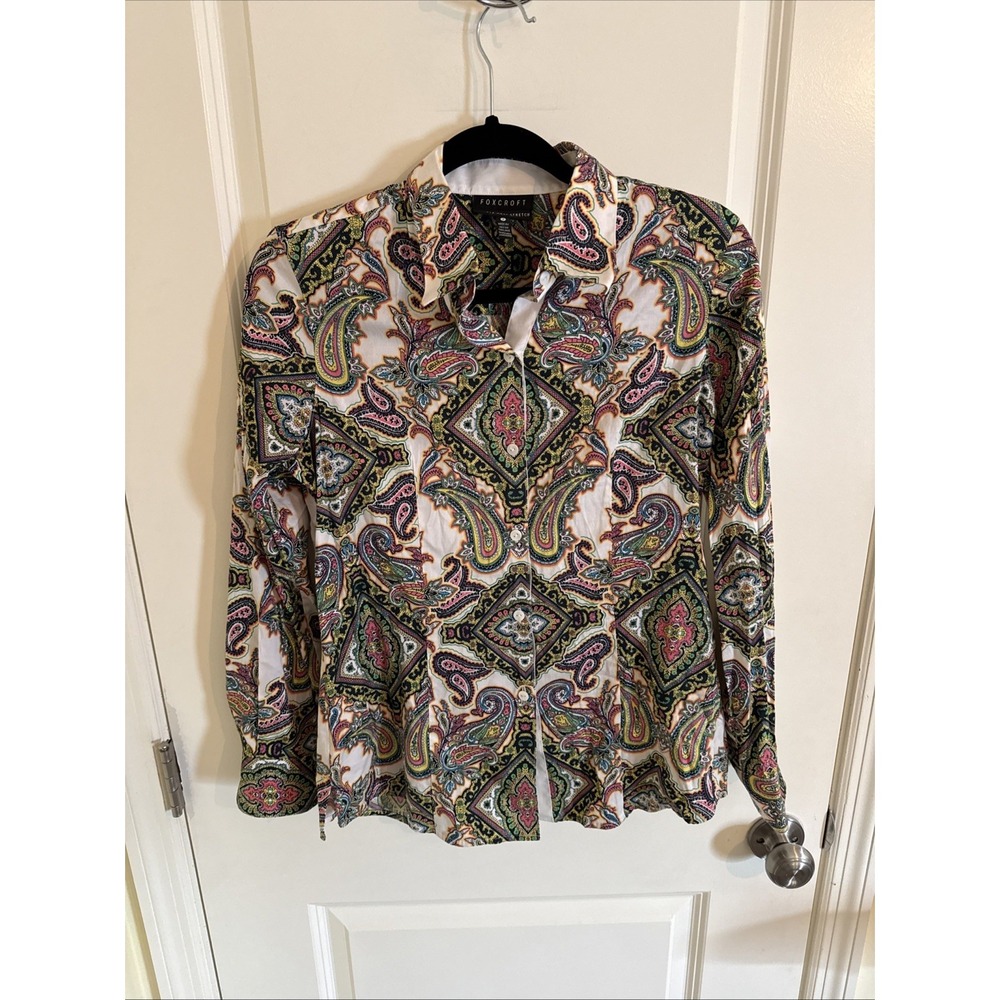 Foxcroft Fitted Paisley Long Sleeve Button Down Shirt Wrinkle Free Cotton Size 8